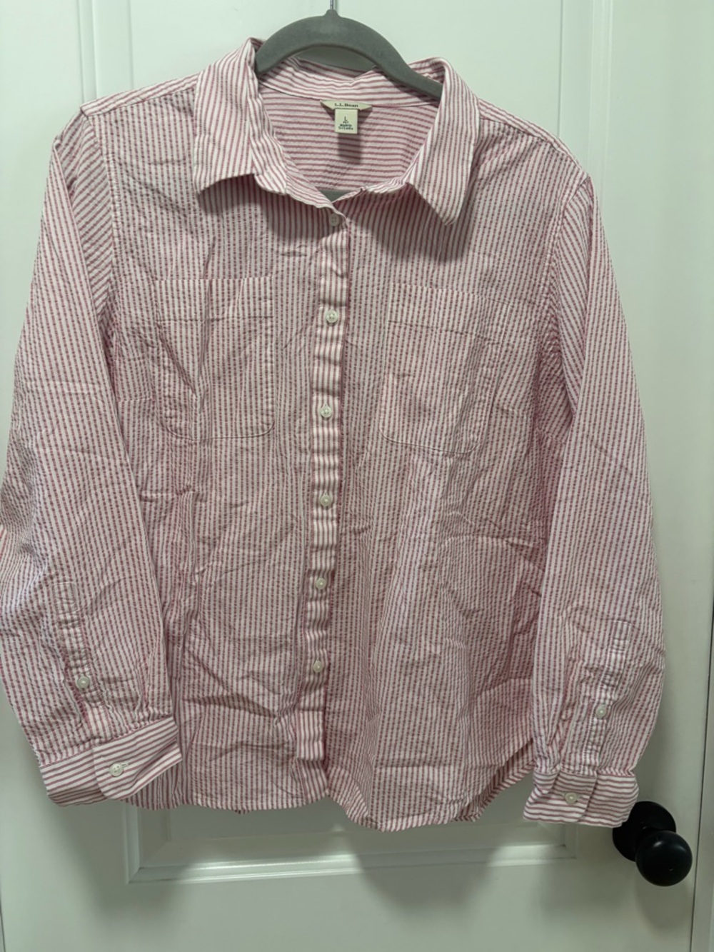 L.L. Bean Seersucker Striped Shirt size Large Petite Pink White Cotton Button